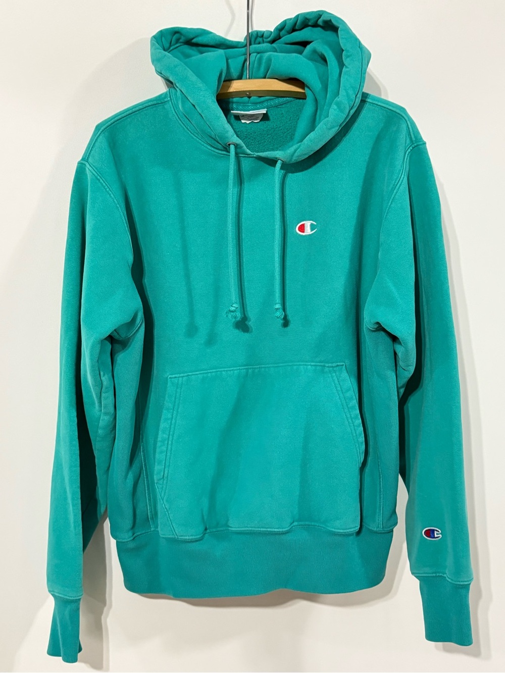 Vintage Champion Teal Aqua Reverse Weave Pullover Hoodie Medium Small mens women
